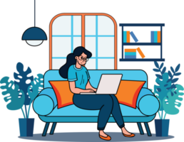 Lanza libre mujer sentado a hogar trabajando con ordenador portátil ilustración en garabatear estilo png