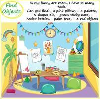 Find Objects Logical Printable Worksheet, Funny Cartoon, My Funny Art Room with so many tools vector