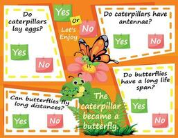 Worksheet for Logic Kids Task and Answer Questions The caterpillar became a butterfly. It's a yes-or-no game. Learn about kids' education activities. Children learn and play brain games. vector