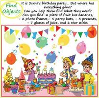 Find Objects Logical Printable Worksheet, Funny Cartoon, Party for Happy Birthday with so many items vector