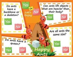 Worksheet for Logic Kids Task and Answer Questions Ants. It's a yes-or-no game. Learn about kids' education activities. Children learn and play brain games. vector