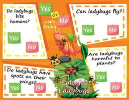 Worksheet for Logic Kids Task and Answer Questions Colorful Ladybugs.  It's a yes-or-no game. Learn about kids' education activities. Children learn and play brain games. vector