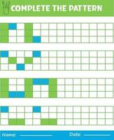 Complete repeating patterns. Worksheet for kids. Practicing motor skills, improving skills tasks Complete the pattern. Draw and color. vector