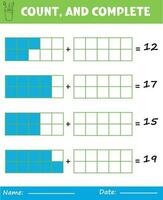 matemáticas hoja de cálculo para lógico pensamiento, contar y completar a veinte, imprimible matemáticas hoja de cálculo para jardín de infancia, tierra día colorante vector