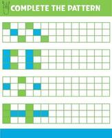 Complete repeating patterns. Worksheet for kids. Practicing motor skills, improving skills tasks Complete the pattern. Draw and color. vector