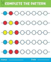 Complete repeating patterns. Worksheet for kids. Practicing motor skills, improving skills tasks Complete the pattern. Draw and color. vector