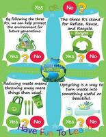 Worksheet for Logic Kids Task and Answer Questions Earth Day Save Our Earth, 3R It's a yes-or-no game. Learn about kids' education activities. Children learn and play vector