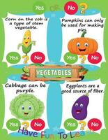 Worksheet for Logic Kids Task and Answer Questions Vegetables Healthy Food It's a yes or no game. Learn about kids' education activities. Children learn and play brain games. vector