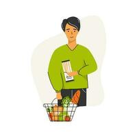 comer sano alimento. hombre participación un cesta de comestibles y un compras lista. vegetariano o gluten gratis concepto. lata ser usado para social medios de comunicación bandera, web página, volantes. dibujos animados garabatear vector ilustración.