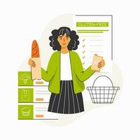 Woman chooses gluten free products. Concept of gluten free diet, dietary eating, meal planning, nutrition consultation and online shopping. Vector illustration