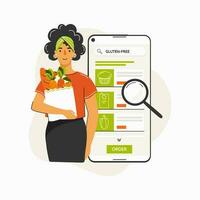 Woman in smartphone searching and selects gluten free products, places order for purchase in online store. Concept of gluten free diet, meal planning and online shopping. Vector illustration