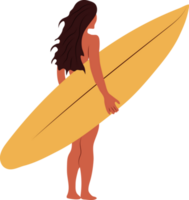 le surf fille minimaliste . plat style numérique art. Jeune femme avec planche de surf dans plein croissance png