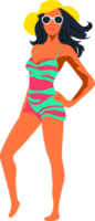 Beautiful young woman in hat. Girl in swimsuit is sunbathing under summer sun. Flat illustration isolated background png