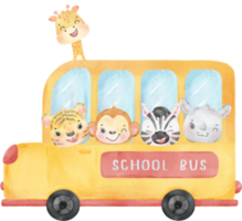 cute watercolor group of wild animal students kid in a yellow school bus back to school png