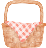 Empty wicker wooden picnic basket watercolor illustration png
