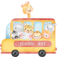 linda acuarela grupo de salvaje animal estudiantes niño en un amarillo colegio autobús espalda a colegio png