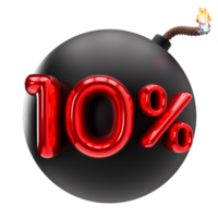 10 percent discount 3D illustration on transparent background, as png. Sale, special offer, good price, deal, shopping. Cut out red and black design element, bomb. Sale up to ten percent off. 3D png