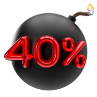 40 percent discount 3D illustration on transparent background, as png. Sale, special offer, good price, deal, shopping. Cut out red and black design element, bomb. Sale up to forty percent off. 3D png