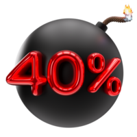 40 por ciento descuento 3d ilustración en transparente fondo, como png. venta, especial oferta, bueno precio, trato, compras. cortar fuera rojo y negro diseño elemento, bomba. rebaja arriba a cuarenta por ciento apagado. 3d png