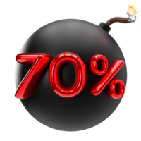 70 percent discount 3D illustration on transparent background, as png. Sale, special offer, good price, deal, shopping. Cut out red and black design element, bomb. Sale up to seventy percent off. 3D png