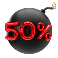 50 percent discount 3D illustration on transparent background, as png. Sale, special offer, good price, deal, shopping. Cut out red and black design element, bomb. Sale up to fifty percent off. 3D png