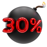 30 percent discount 3D illustration on transparent background, as png. Sale, special offer, good price, deal, shopping. Cut out red and black design element, bomb. Sale up to thirty percent off. 3D png