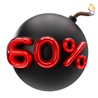 60 percent discount 3D illustration on transparent background, as png. Sale, special offer, good price, deal, shopping. Cut out red and black design element, bomb. Sale up to sixty percent off. 3D png