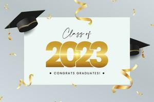 Graduation greeting vector template design. Congrats graduates text in white board space with 3d GRADUATION cap and gold confetti for class of 2023 celebration messages. Vector illustration