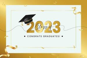 Graduation greeting vector template design. Congrats graduates text in white board space with 3d GRADUATION cap and gold confetti for class of 2023 celebration messages. Vector illustration