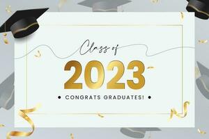 Graduation greeting vector template design. Congrats graduates text in white board space with 3d GRADUATION cap and gold confetti for class of 2023 celebration messages. Vector illustration
