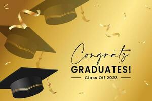 Graduation greeting vector background design. Congrats graduates class of 2023 text with 3d mortarboard cap and gold confetti for graduation ceremony messages. Vector illustration.