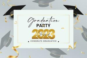 Graduation greeting vector template design. Congrats graduates text in white board space with 3d GRADUATION cap and gold confetti for class of 2023 celebration messages. Vector illustration