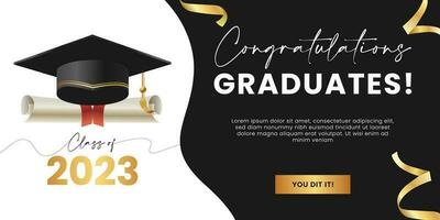 Congratulations graduates banner concept. Class of 2023. University or High school graduation design template for websites, social media, blogs, greeting cards or party invitation. vector