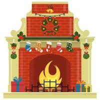 Christmas fireplace with socks, gifts, decorations and wreath. Sample of the poster, invitation and other cards. Flat style vector illustration.