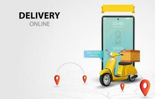 Online delivery service by scooter. Shopping website on a mobile. Food order concept. Web Banner, app template. Vector illustration