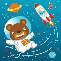 Vector cartoon of cute bear in astronaut costume with smiling rocket in space on skies objects background