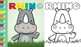 Vector illustration of cute rhino raising hand appearing from grass. Coloring book or page