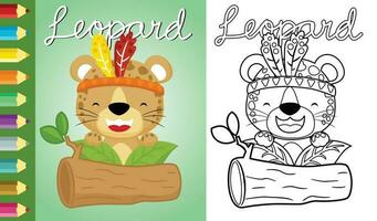 Happy leopard cartoon with feather headdress on tree trunk . Coloring book or page vector