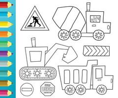 Set cartoon of construction vehicles and construction signs. Coloring book or page vector
