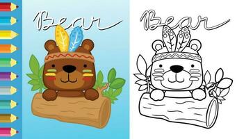 Vector illustration of cartoon bear with feather headdress on tree trunk. Coloring book or page