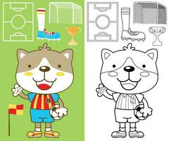 Vector cartoon of cute cat in soccer player costume holding ball with football elements, coloring book or page