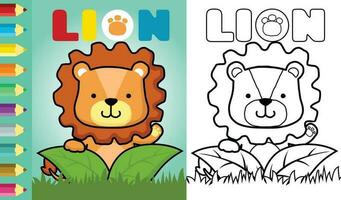 Vector illustration of cute lion cartoon appearing from bush. Coloring book or page