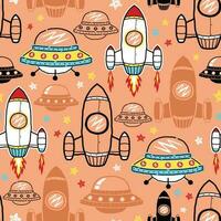 Seamless pattern vector of hand drawn spaceship cartoon with sky objects