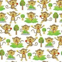 Seamless pattern vector illustration, group of funny monkey cartoon in different activity with fruits and trees