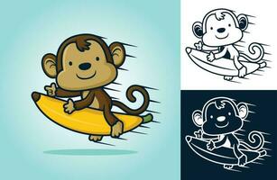 Cute monkey riding flying banana. Vector cartoon illustration in flat icon style