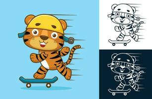 Cute tiger wearing helmet playing skateboard. Vector cartoon illustration in flat icon style