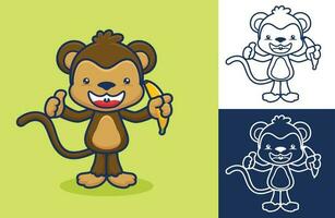 Cute monkey standing while holding banana. Vector icon illustration