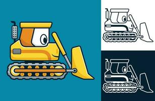 Funny yellow bulldozer. Vector cartoon illustration in flat icon style