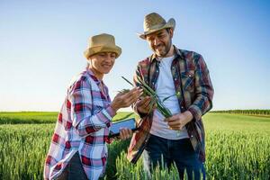 granjero Pareja en su tierra y plantación foto