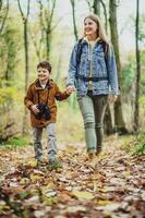 Mother and son hiking in the forest photo